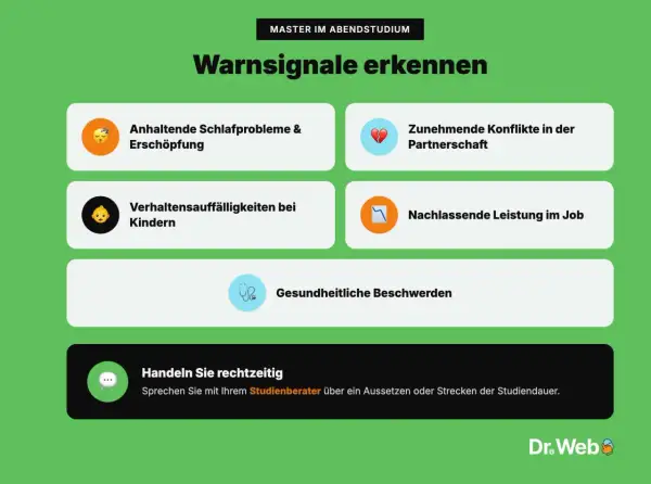 Warnsignale erkennen: Schlafprobleme, Konflikte, Verhaltensauffälligkeiten, Leistungseinbußen, Beschwerden. Wichtig für das Abendstudium: Handeln Sie rechtzeitig!