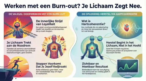 Illustratie over burn-out: valkuilen zoals loyaliteit en doorwerken, en oplossingen zoals hartcoherentie voor vrijwillige opname en herstel.
