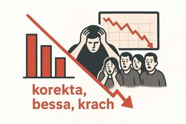 Ludzie z przerażeniem patrzą na wykresy i słupki spadające w dół. To obrazuje, co to bessa i jak wpływa na nastroje.