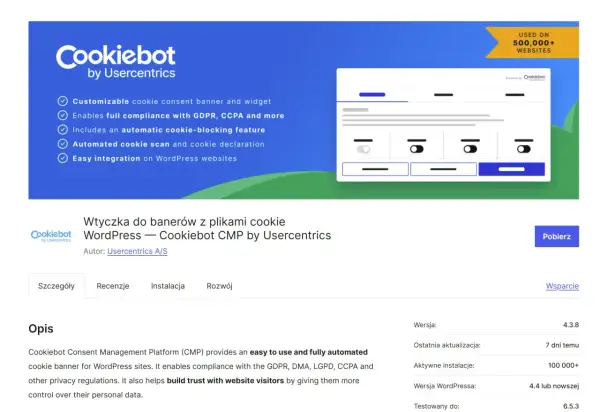 Wtyczka Cookiebot do WordPressa, automatyzująca banery z plikami cookie i zapewniająca zgodność z RODO.