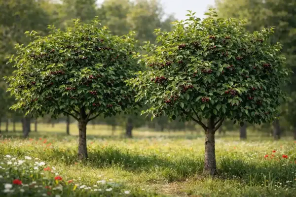 Due alberi carichi di amarena frutto, con foglie verdi e frutti scuri, in un prato fiorito.
