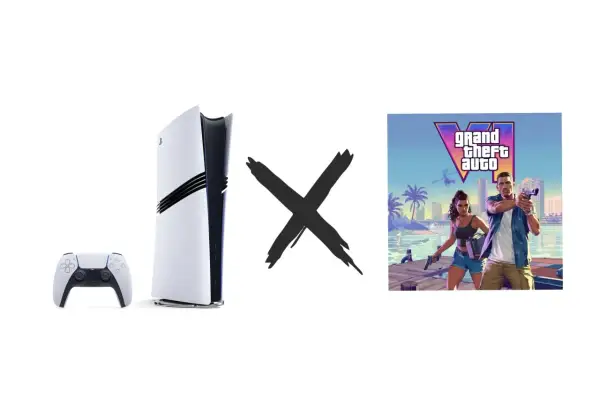 Konsola PlayStation 5 z kontrolerem i logo GTA VI, przedzielone czarnym znakiem "X".