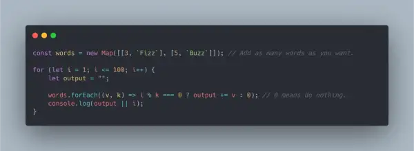 Kod JavaScript implementujący grę Fizz Buzz. Iteruje od 1 do 100, drukując "Fizz" dla wielokrotności 3, "Buzz" dla wielokrotności 5.