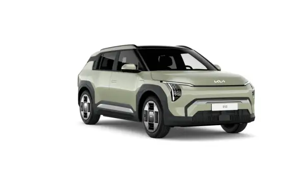 Nowy, zielony kia ev3 z czarnym dachem i futurystycznymi światłami.