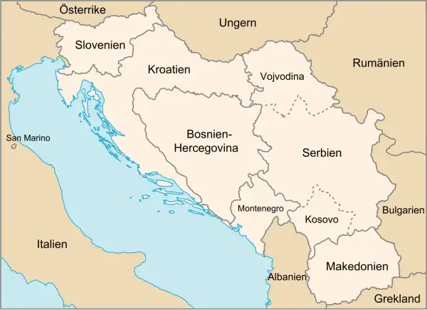 Karta över forna Jugoslavien med Slovenien, Kroatien, Bosnien-Hercegovina, Serbien, Montenegro, Kosovo och Makedonien.