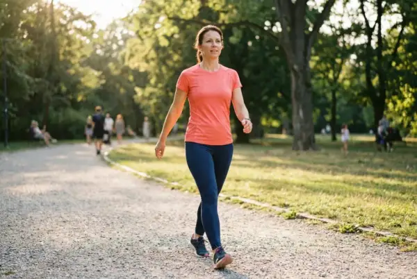 Donna cammina a passo svelto in un parco, puntando a un ritmo di 4 minuti al km velocità.