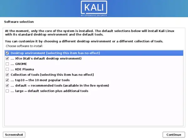 Instalacja Kali Linux ISO: wybór środowiska Xfce i popularnych narzędzi.