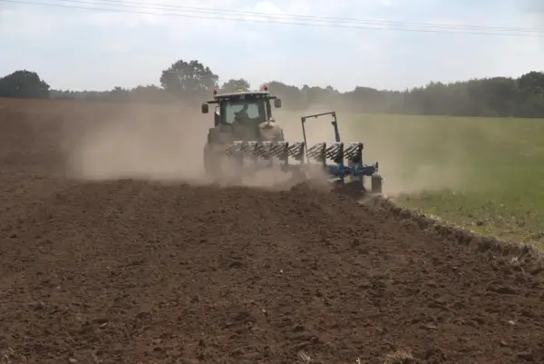 Traktor z pługiem orze pole, wzbijając tumany kurzu. To przygotowanie gleby do kolejnego sezonu, być może z myślą o wapnowaniu gleby.