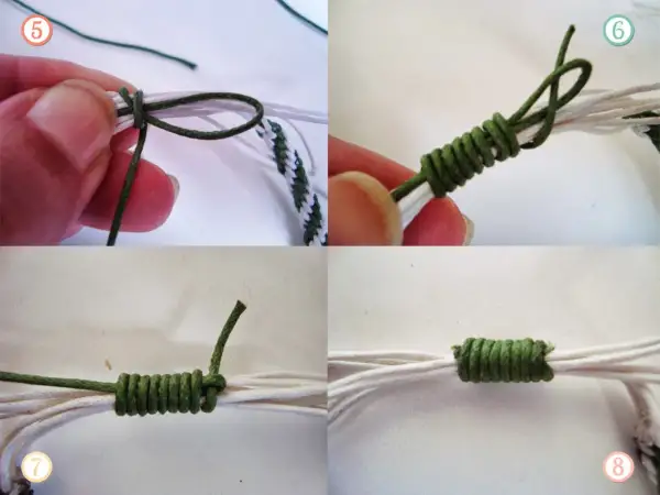 Creando un nudo corredizo pulsera. Se muestran pasos para hacer un nudo corredizo en una pulsera de hilo.