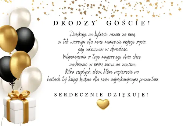 Złota księga gości na 18. urodziny z balonami i prezentem. Dziękuję za obecność i życzenia.