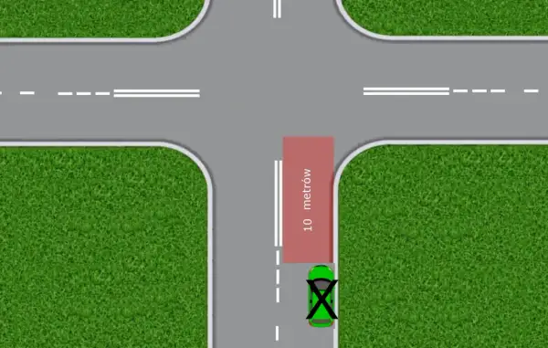 Zakaz parkowania bliżej niż 10 metrów od przejścia dla pieszych. Zielony samochód stoi za blisko.