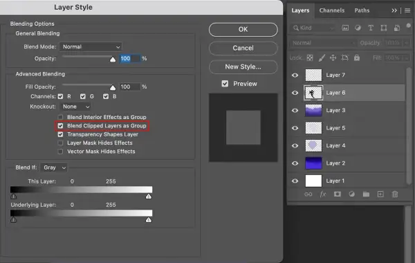 Finestra "Stile Livello" Photoshop con opzione "Unisci livelli ritagliati come gruppo" selezionata, per un controllo avanzato della maschera di livello.