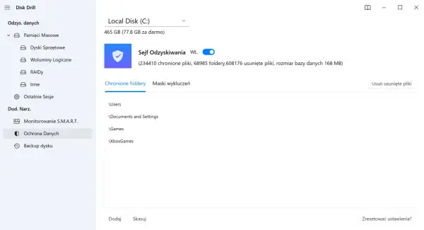 Sejf Odzyskiwania w Disk Drill chroni dane, w tym ostatnio usunięte pliki, foldery i bazy danych.