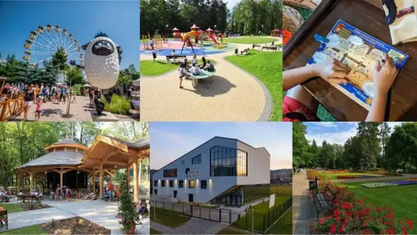 Rabka-Zdrój oferuje wiele atrakcji: wesołe miasteczko z diabelskim młynem, plac zabaw, teatr, park z kwiatami i drewnianą altaną.