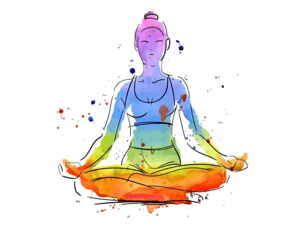 Silueta acuarela de persona meditando en posición de loto, con colores vibrantes que sugieren chakras alineados.