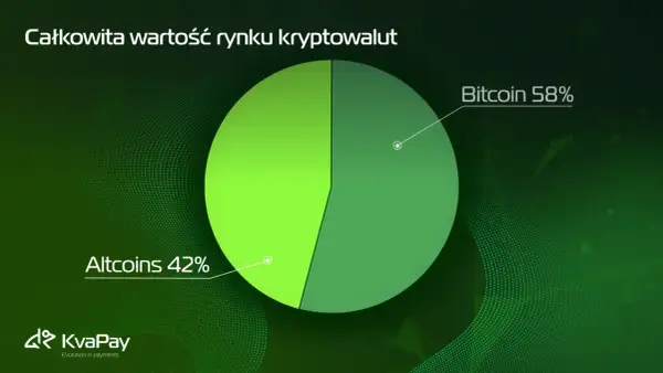Wykres kołowy pokazuje, że Bitcoin stanowi 58% rynku kryptowalut, a altcoiny co to jest, stanowią 42%.