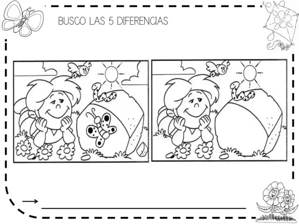 Juego de **fichas primavera** para encontrar 5 diferencias entre dos dibujos de un niño, un pájaro, una serpiente y una mariposa.