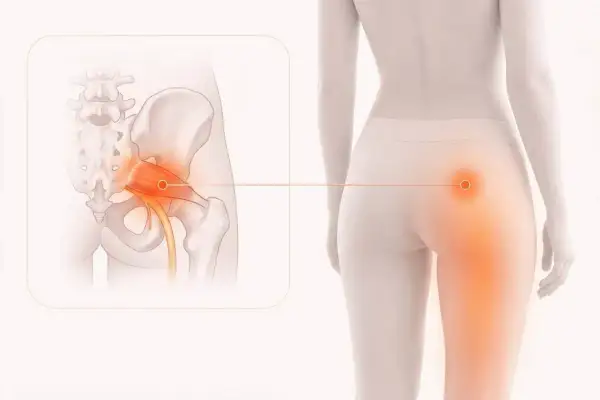 Illustration visar piriformis inflammation. En närbild av bäckenet visar en inflammerad piriformismuskel som trycker på ischiasnerven.