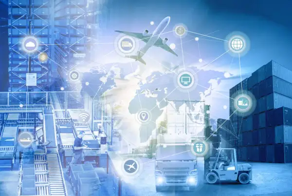 Globalna logistyka i magazynowanie: otif co to? Samolot, ciężarówka, kontenery, taśmociągi i symbole technologii tworzą obraz zintegrowanego łańcucha dostaw.