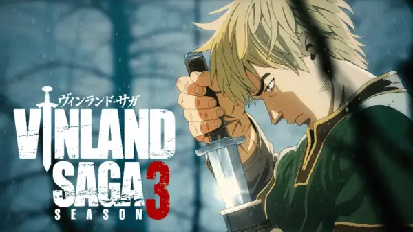 Thorfinn hält sein Schwert, während Schnee fällt. Das Logo "Vinland Saga Staffel 3" ist prominent platziert.