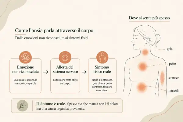 Il corpo manifesta l'ansia con sintomi fisici reali, come nodo allo stomaco o tensione muscolare, che possono essere interpretati come parestesie da stress.