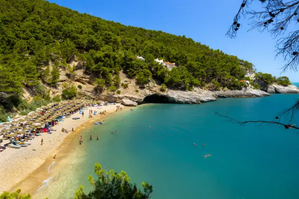 Spiaggia affollata con ombrelloni, gente che nuota nel mare turchese e una collina verdeggiante. Un pugno chiuso di natura incontaminata.
