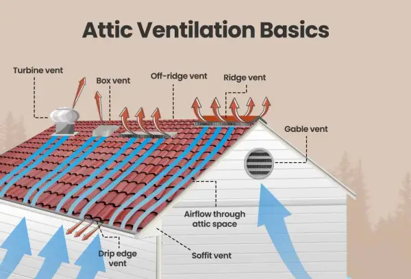 Diagram illustrating attic ventilation basics, showing airflow through soffit, drip edge, turbine, box, off-ridge, ridge, and gable vents.
