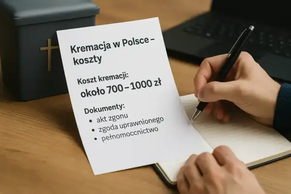 Urzędnik notuje koszty kremacji w Polsce, szacowane na 700-1000 zł, obok urny i dokumentów.