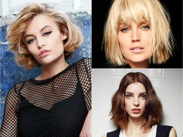 Trois femmes arborent un carré court stylé : blond dégradé, blond effilé et châtain ondulé.