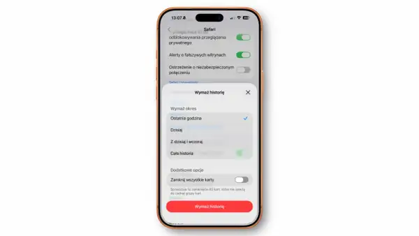 iPhone: czyszczenie pamięci podręcznej Safari. Wybierz zakres danych do usunięcia, np. ostatnią godzinę, dzisiaj lub całą historię.