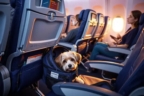 Un adorable chien dans son sac de transport, prêt à voyager en cabine avec une compagnie aérienne qui accepte les chiens.