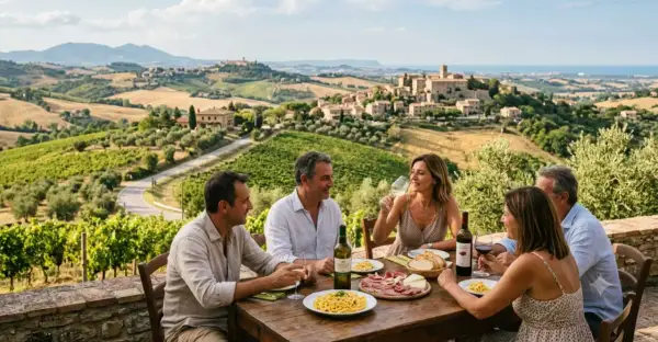 Un gruppo di amici gusta un pasto con vino e pasta in un vigneto, con un borgo collinare sullo sfondo, tipico delle Marche italiane.