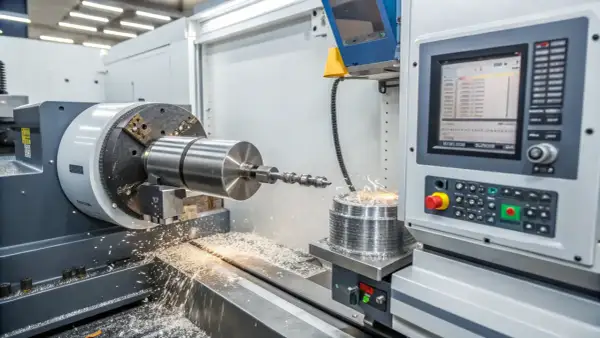 Precyzyjne szlifowanie płaszczyzn metalowego wałka na nowoczesnej maszynie CNC. Wióry metalu wirują wokół obrabianego elementu.