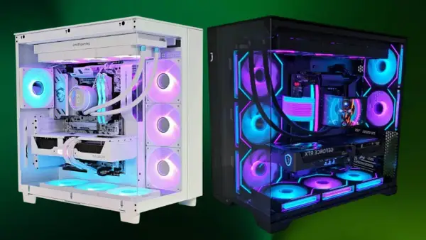 Zwei beleuchtete Gaming-PCs, einer weiß mit RGB-Lüftern und einer Radeon-Grafikkarte, der andere schwarz mit Neon-Akzenten und einer PCIe 5.0 GPU.
