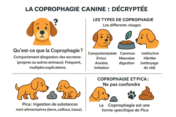 Illustration expliquant la coprophagie canine. Un chien mange ses crottes, un comportement aux multiples causes.