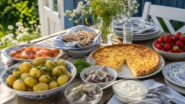 En härlig midsommar buffé med sill, lax, färskpotatis, paj, jordgubbar och knäckebröd dukas upp utomhus.