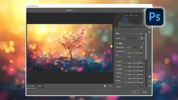 Interface de Camera Raw dans Photoshop, montrant comment ouvrir Camera Raw dans Photoshop pour éditer une image féerique.