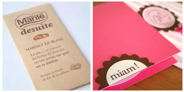 Tablette de chocolat "Mariage en blanc" et carte rose avec "miam!".