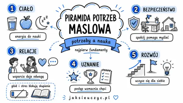 Piramida potrzeb Maslowa: ciało, bezpieczeństwo, relacje, uznanie i rozwój to fundamenty nauki.