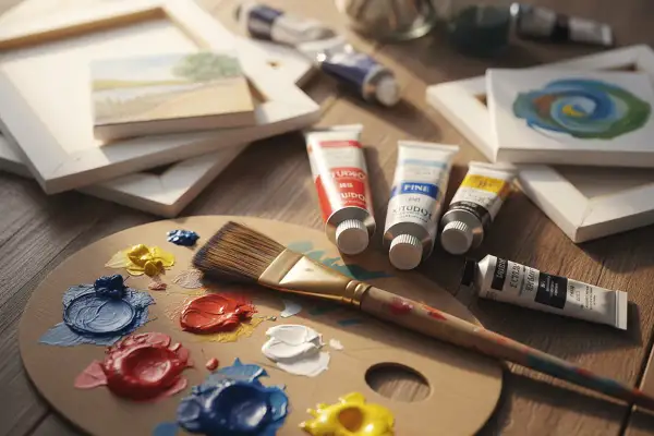 Palette de peinture huile murale avec des tubes de couleurs vives, un pinceau et des toiles vierges.