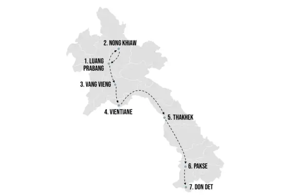 Karte mit einer vorgeschlagenen Laos Reiseroute: Luang Prabang, Nong Khiaw, Vang Vieng, Vientiane, Thakhek, Pakse, Don Det.