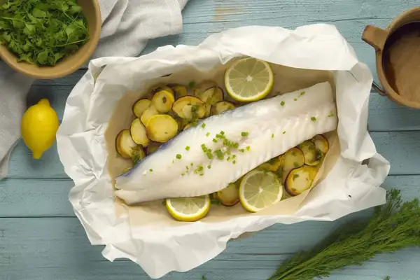 Ombrina al forno con patate e limone, un piatto leggero e gustoso.