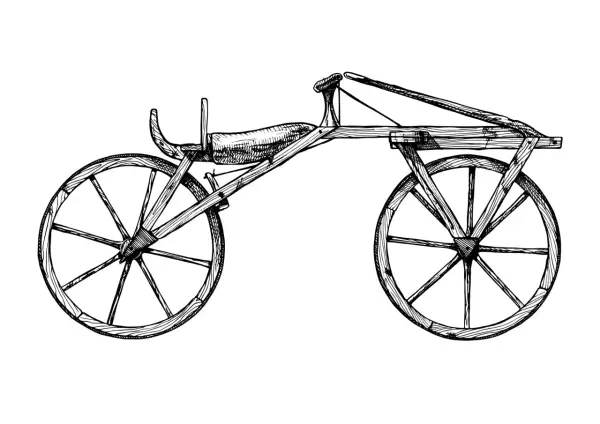 Drewniany pojazd z dwoma kołami, siodełkiem i kierownicą. Ilustracja pokazuje, jak powstał rower, czyli jego pierwotna, prymitywna forma.