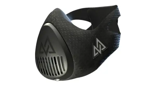 A black high elevation mask with a textured surface and a silver logo. It features a vented front and adjustable straps.