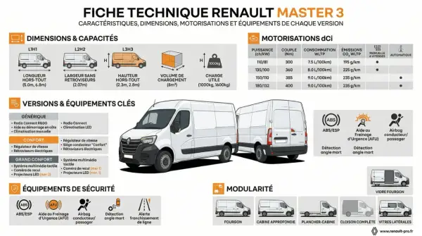 Fiche technique Renault Master 3 : consommation carburant, combien de litre par 100km pour chaque motorisation dCi.