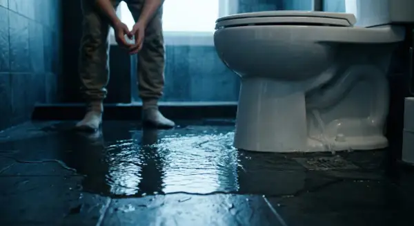 Ein Mann steht im überfluteten Badezimmer. Wasser quillt aus dem Sockel der Toilette, ein Zeichen für einen verstopften Abflussrohr in der Wand.