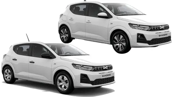 Dwie białe, nowa Dacia Sandero, prezentują nowoczesny design z charakterystycznym grillem i światłami LED.