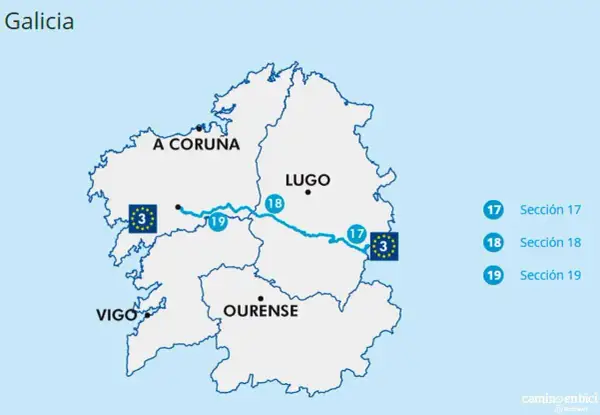 Mapa de Galicia con la ruta EuroVelo 3 atravesando A Coruña, Lugo y Ourense, con secciones 17, 18 y 19 marcadas.