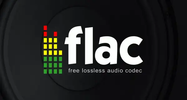 FLAC vs MP3: logo FLAC z wizualizacją dźwięku na tle głośnika. Wybierz jakość bez strat.