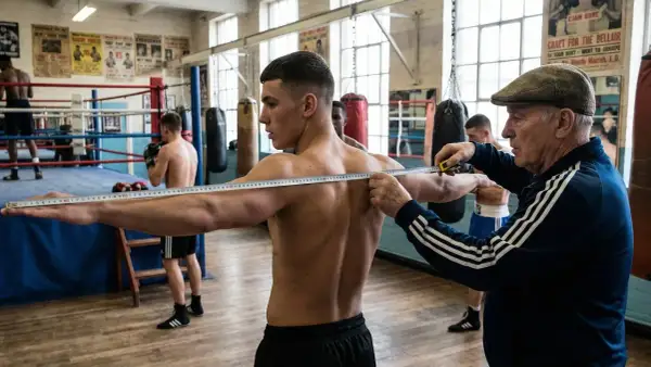 A coach measures a boxer's reach in a gym, a crucial step in how reach is measured in boxing.
